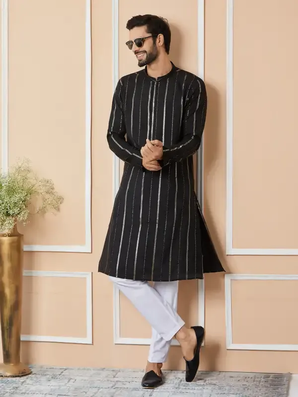 Black_Sequins_Embroidered_Pure_Chanderi_Silk_Straight_Kurta_With_Pyjama