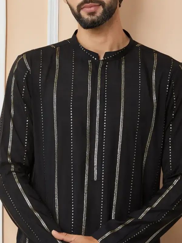 Black_Sequins_Embroidered_Pure_Chanderi_Silk_Straight_Kurta_With_Pyjama