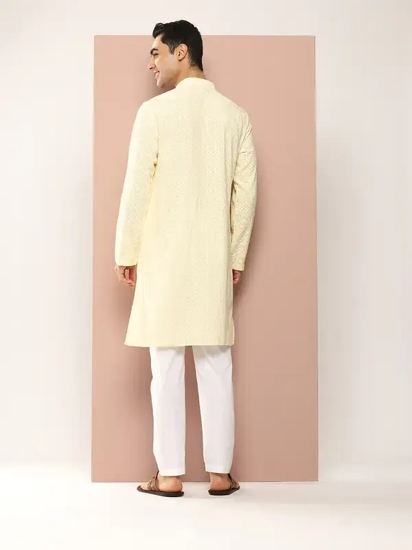 Men_Cream_Embroidered_Chikankari_Rayon_Straight_Kurta_With_Pyjama