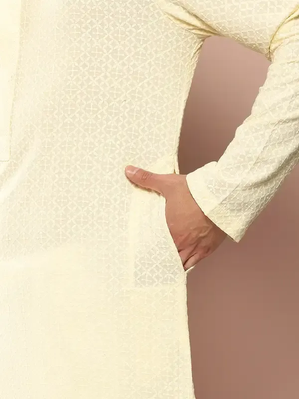 Men_Cream_Embroidered_Chikankari_Rayon_Straight_Kurta_With_Pyjama