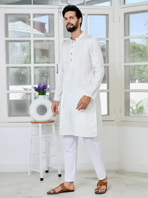 Off-White_Embossed_Printed_And_Foil_Printed_Straight_Kurta_With_Pyjama