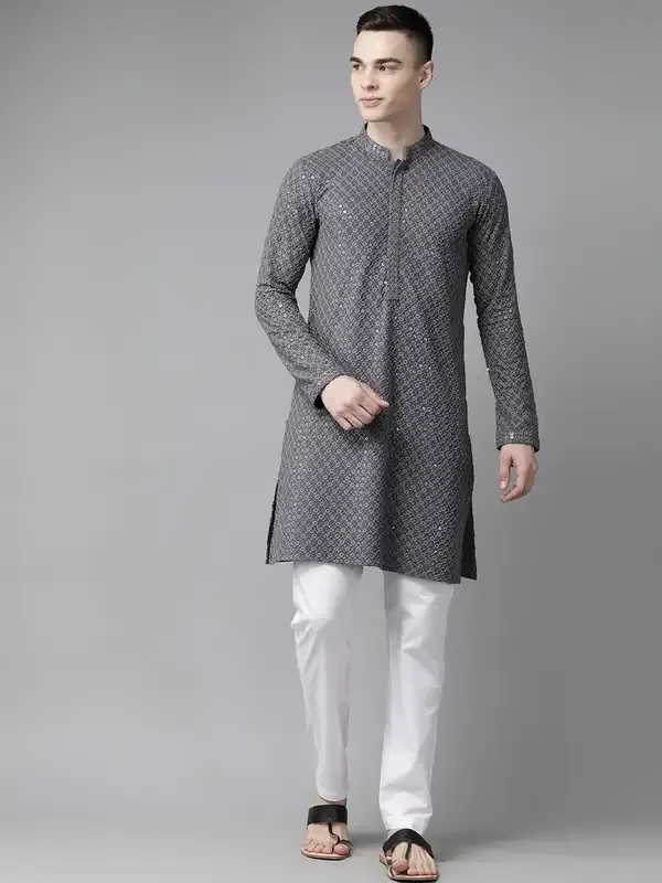 Men_Grey_Floral_Embroidered_Sequined_Rayon_Kurta_With_Pyjama