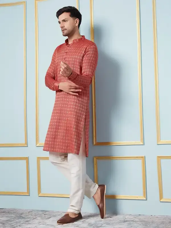 Men_Red_&_Gold_Woven_Design_Thread_Work_Kurta_With_Pajama