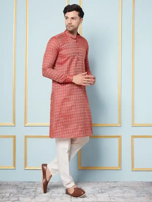 Men_Red_&_Gold_Woven_Design_Thread_Work_Kurta_With_Pajama
