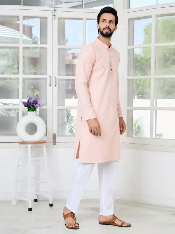 Peach_Geometric_Sequins_Embroidered_Thread_Work_Straight_Kurta_With_Pyjama