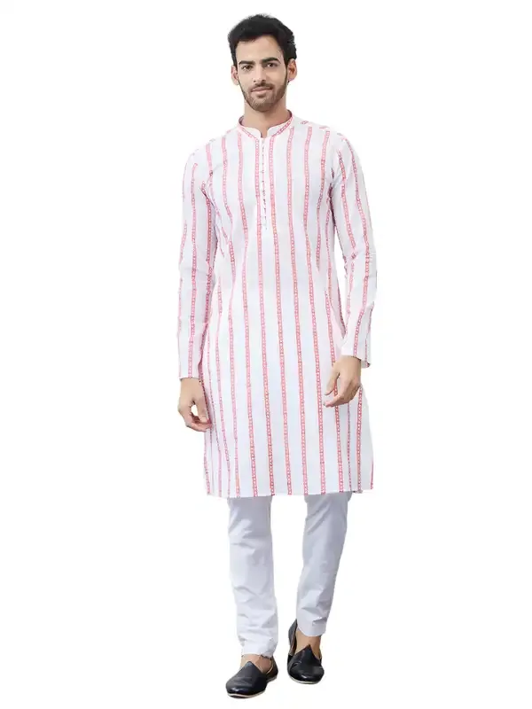 Men_White_And_Orange_Chikankari_Embroidered_Cotton_Kurta_Set