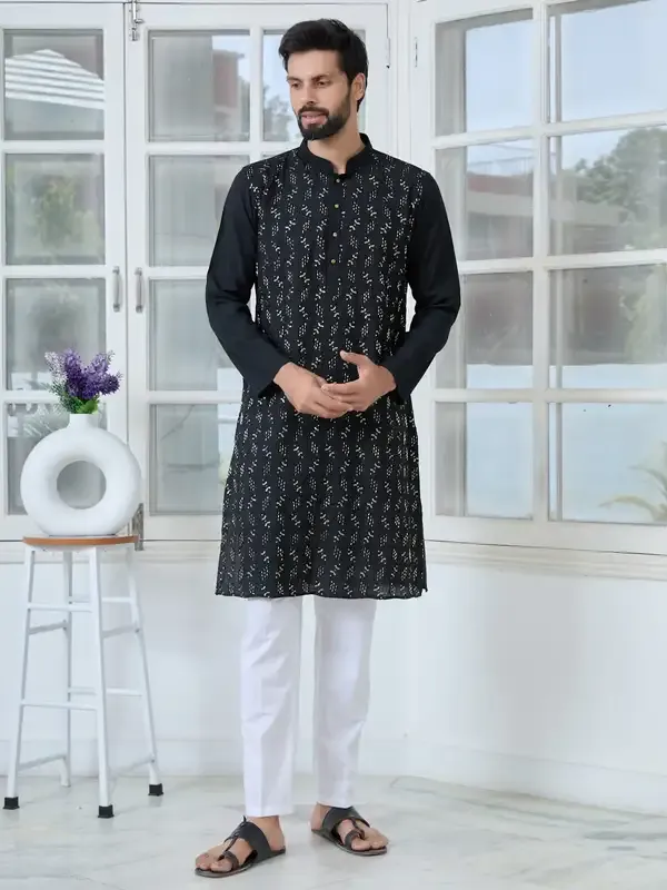 Black_Ethnic_Motifs_Embroidered_Sequinned_Mandarin_Collar_Straight_Kurta_With_Pyjama