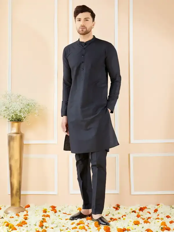 Black_Cotton_Solid_Straight_Kurta_With_Matching_Pyjama
