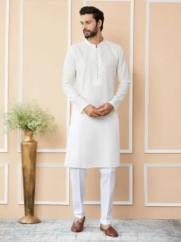 Off_White_Embroidered_Thread_Work_Sequinned_Chanderi_Silk_Straight_Kurta_With_Pyjama