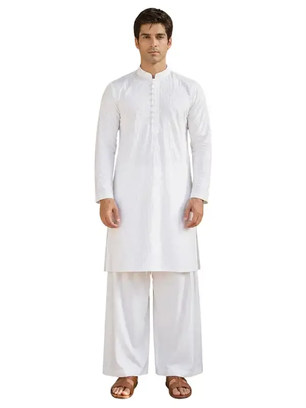 Men_White_Chikankari_Embroidered_Straight_Kurta_With_Pyjama