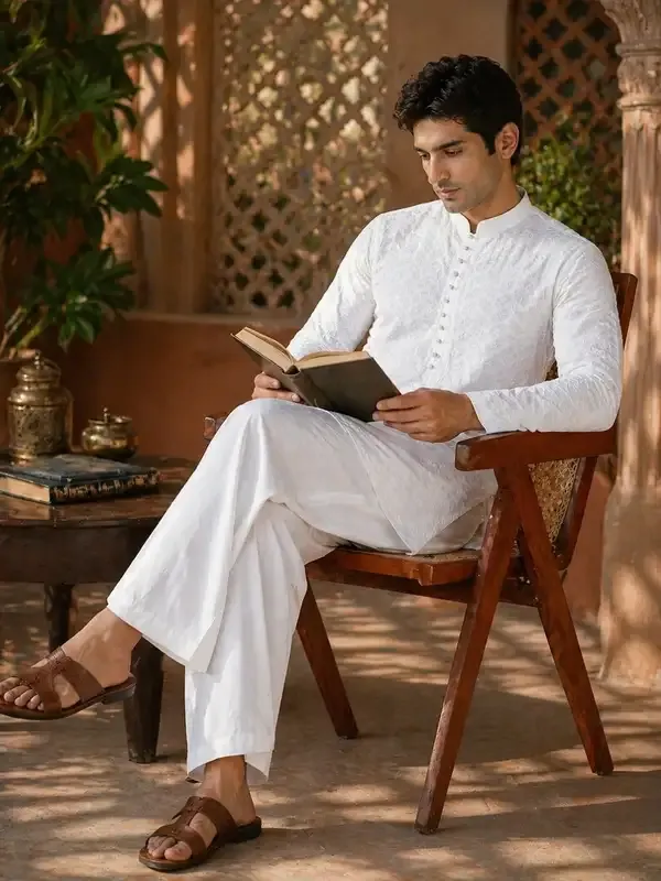 Men_White_Chikankari_Embroidered_Straight_Kurta_With_Pyjama