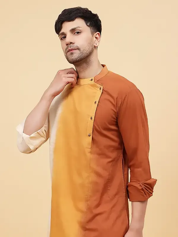 Men_White_And_Brown_Ombre_Dyed_Pure_Cotton_Kurta_With_White_Pajama