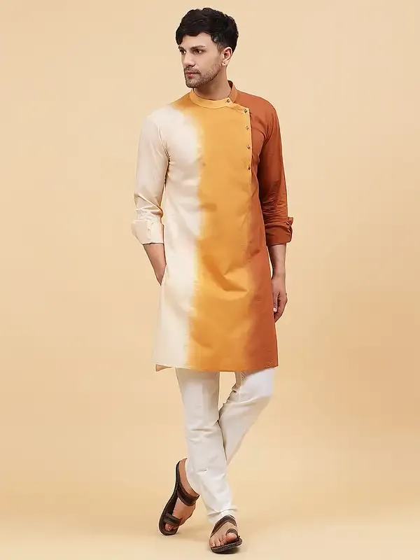 Men_White_And_Brown_Ombre_Dyed_Pure_Cotton_Kurta_With_White_Pajama
