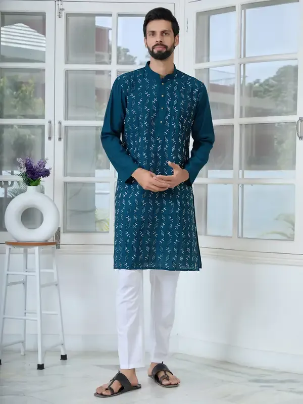 Blue_Ethnic_Motifs_Embroidered_Sequinned_Mandarin_Collar_Straight_Kurta_With_Pyjama