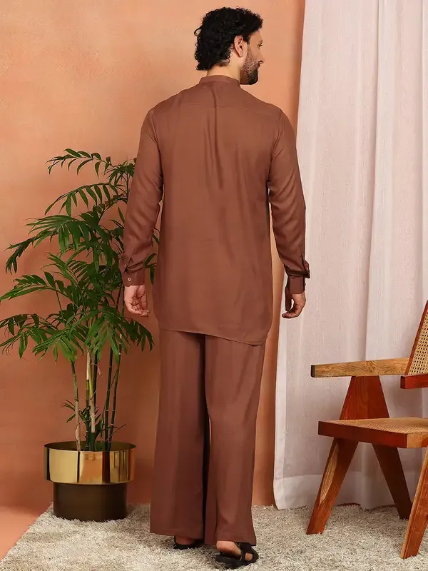 Men'S_Brown_Viscose_Rayon_Solid_Pathani_Set