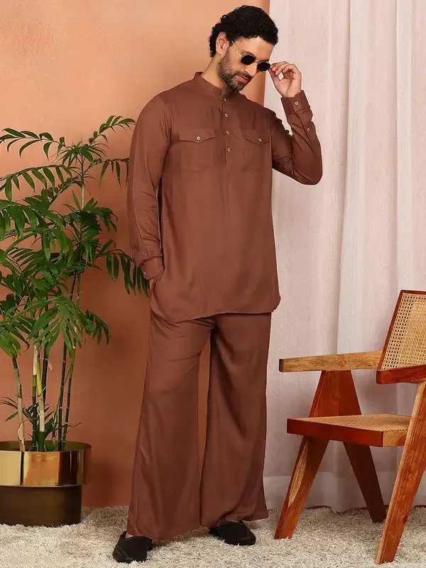 Men'S_Brown_Viscose_Rayon_Solid_Pathani_Set