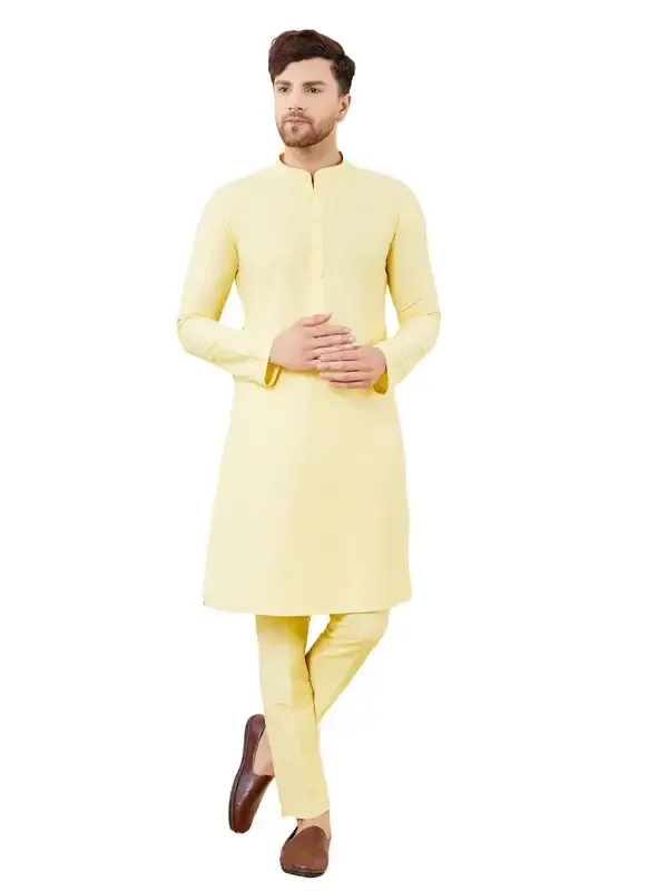 Yellow_Cotton_Solid_Straight_Kurta_With_Matching_Pyjama