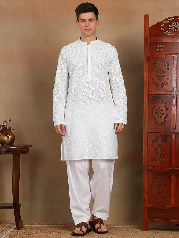 Men_White_Chikankari_Embroidered_Straight_Kurta_With_Salwar