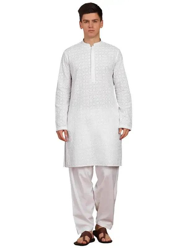 Men_White_Chikankari_Embroidered_Straight_Kurta_With_Salwar