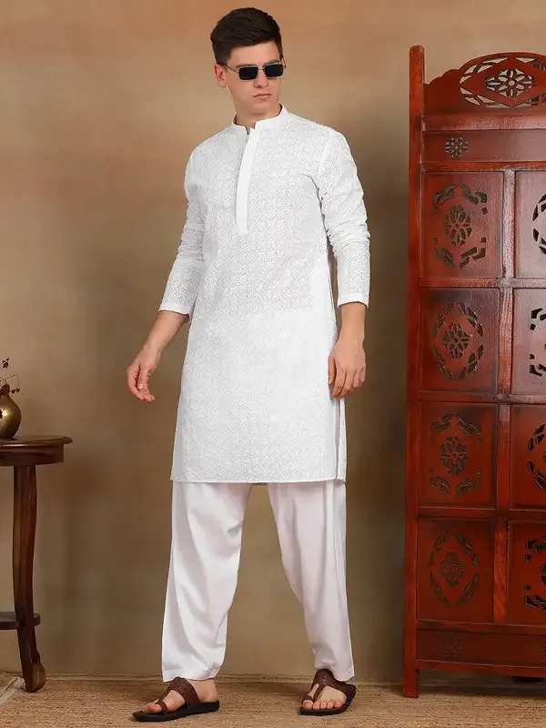Men_White_Chikankari_Embroidered_Straight_Kurta_With_Salwar