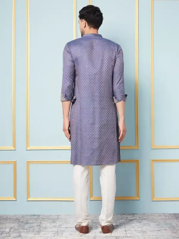 Men_Navy_Blue_&_Gold_Woven_Design_Thread_Work_Kurta_With_Pajama