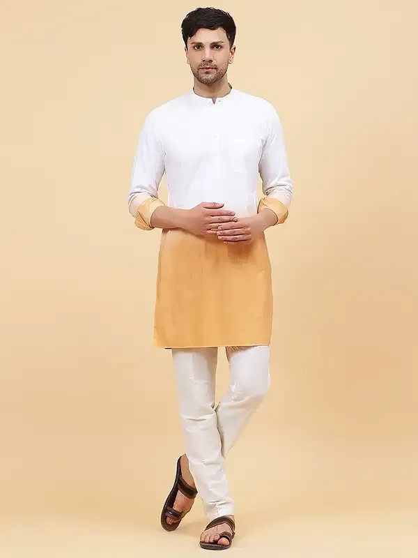 Men_White_And_Tan_Ombre_Dyed_Pure_Cotton_Kurta_With_White_Pajama