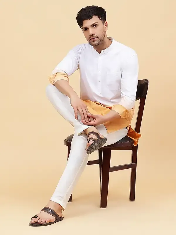 Men_White_And_Tan_Ombre_Dyed_Pure_Cotton_Kurta_With_White_Pajama