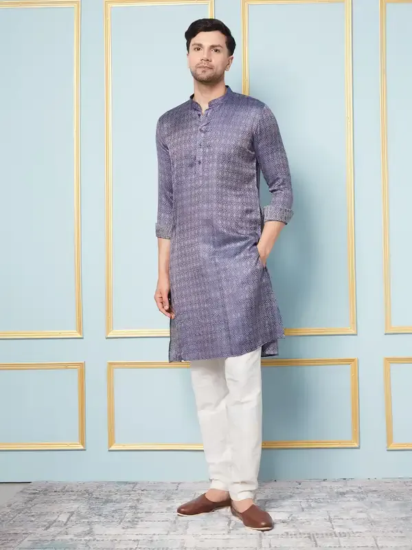 Men_Navy_Blue_&_Gold_Woven_Design_Thread_Work_Kurta_With_Pajama