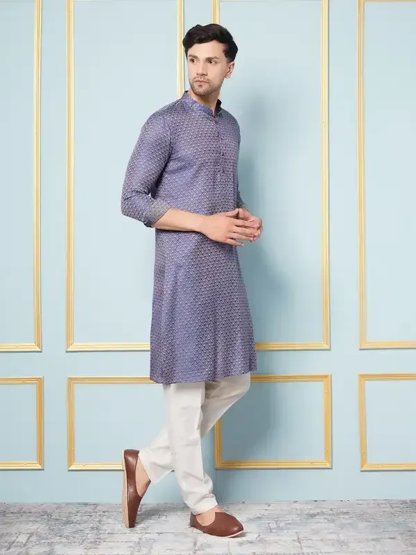 Men_Navy_Blue_&_Gold_Woven_Design_Thread_Work_Kurta_With_Pajama