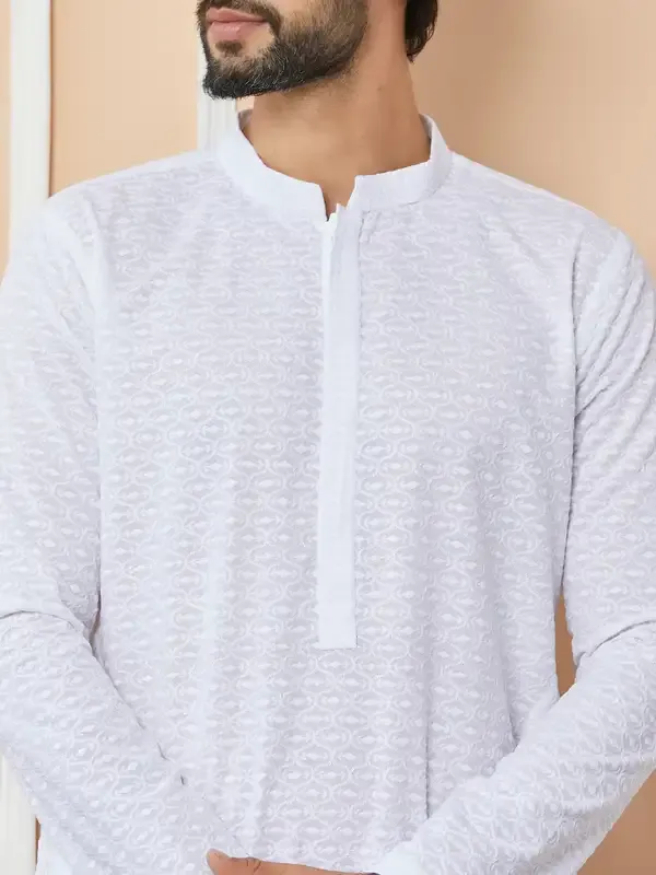 White_Embroidered_Chikankari_Pure_Cotton_Straight_Kurta_With_Pyjama