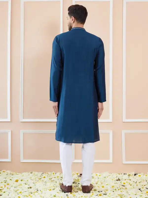 Men_Teal_And_Gold_Chanderi_Silk_Sequins_Kurta_With_Pyjama