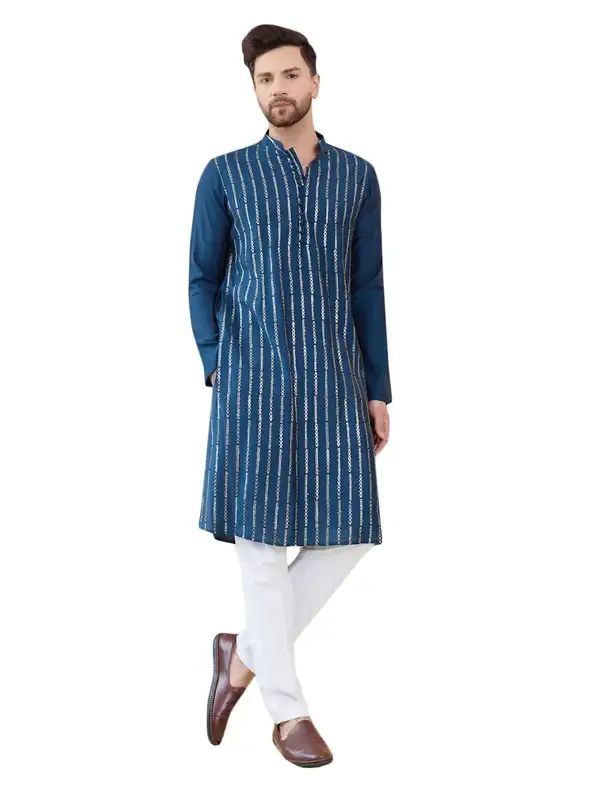Men_Teal_And_Gold_Chanderi_Silk_Sequins_Kurta_With_Pyjama