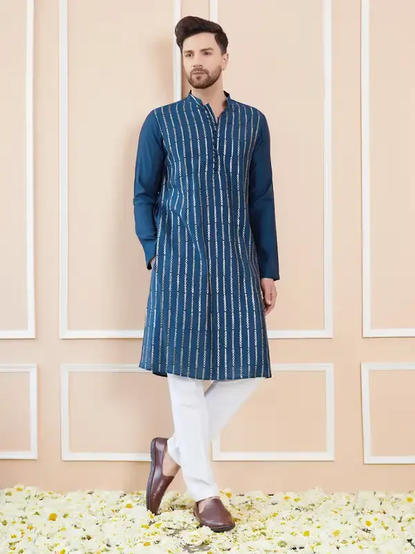 Men_Teal_And_Gold_Chanderi_Silk_Sequins_Kurta_With_Pyjama