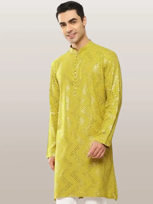 Men_Lime_Green_Sequins_Woven_Design_Kurta
