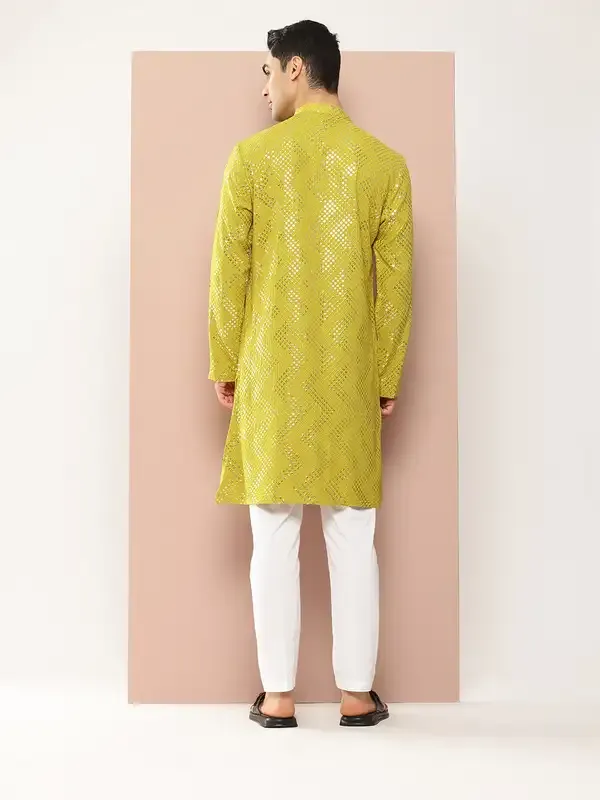 Men_Lime_Green_Sequins_Woven_Design_Kurta