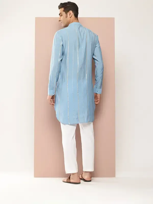 Men_Turquoise_Blue_Sequins_Embroidered_Chanderi_Silk_Straight_Kurta_With_Pyjama