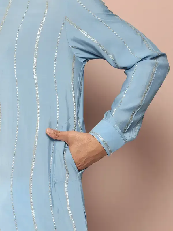 Men_Turquoise_Blue_Sequins_Embroidered_Chanderi_Silk_Straight_Kurta_With_Pyjama
