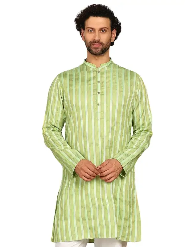 Green_Woven_Striped_Silk_Straight_Kurta_With_Pyjama