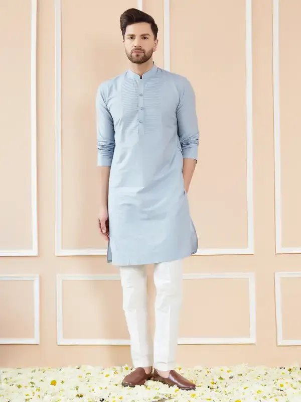 Blue_Cotton_Solid_Straight_Kurta_With_Pintuck_Neckline_And_Pyjama