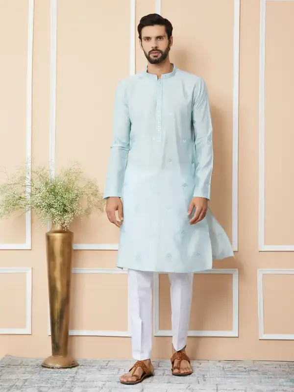 Light_Cyan_Embroidered_Pure_Chanderi_Silk_Straight_Kurta_With_Pyjama