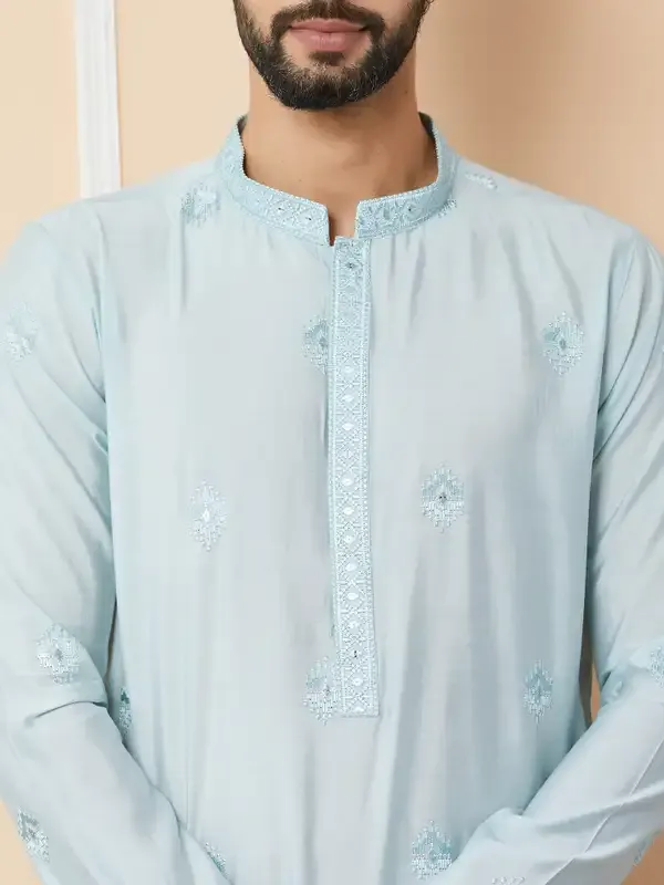 Light_Cyan_Embroidered_Pure_Chanderi_Silk_Straight_Kurta_With_Pyjama