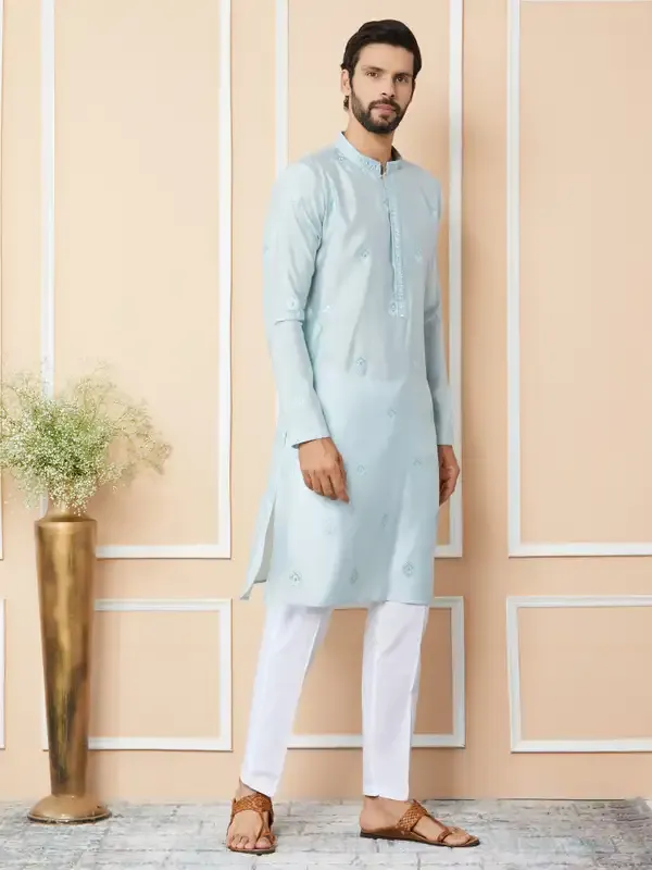 Light_Cyan_Embroidered_Pure_Chanderi_Silk_Straight_Kurta_With_Pyjama