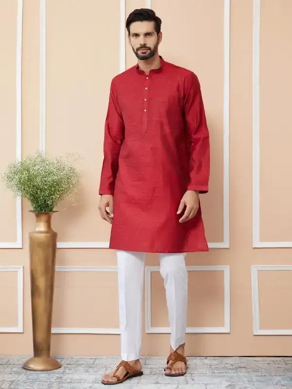 Red_Ethnic_Motifs_Silk_Jacquard_Woven_Design_Straight_Kurta_With_Pyjama