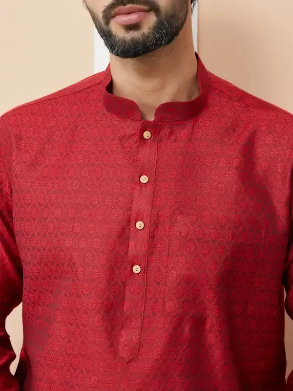 Red_Ethnic_Motifs_Silk_Jacquard_Woven_Design_Straight_Kurta_With_Pyjama