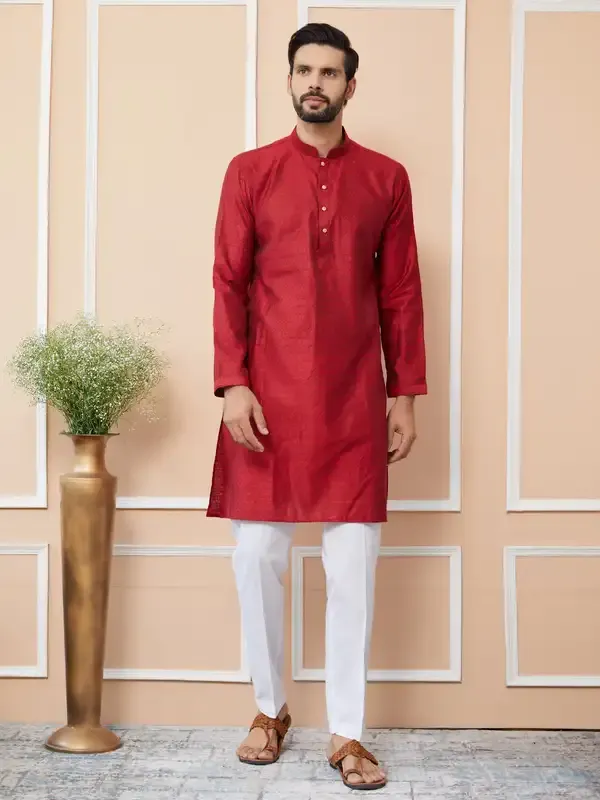 Red_Ethnic_Motifs_Silk_Jacquard_Woven_Design_Straight_Kurta_With_Pyjama