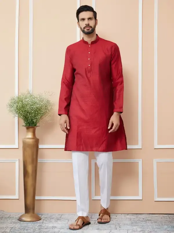 Red_Ethnic_Motifs_Silk_Jacquard_Woven_Design_Straight_Kurta_With_Pyjama