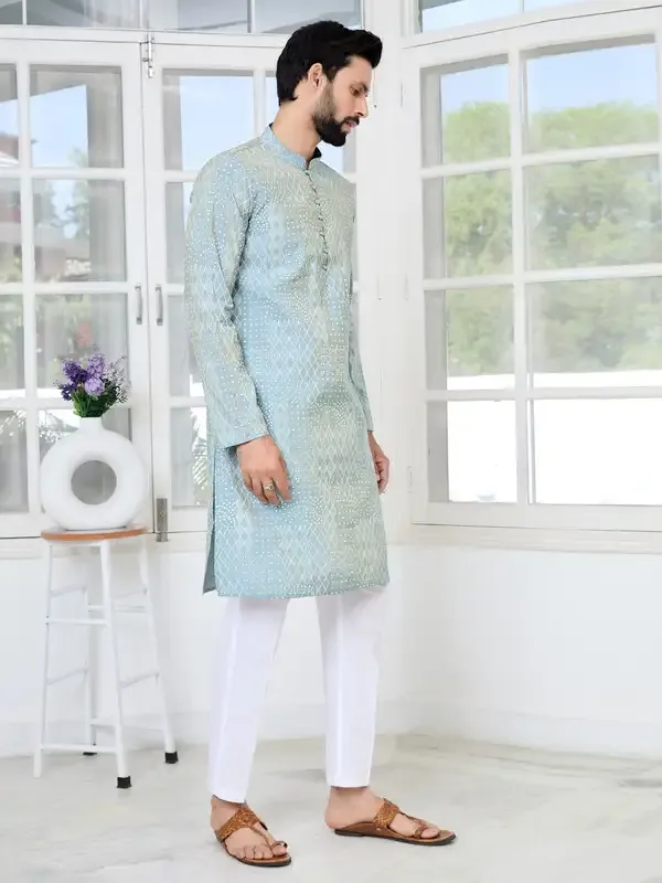 Grey_Embossed_Printed_And_Foil_Printed_Straight_Kurta_With_Pyjama