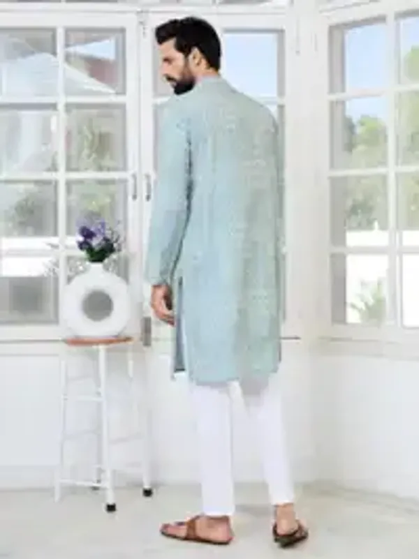 Grey_Embossed_Printed_And_Foil_Printed_Straight_Kurta_With_Pyjama