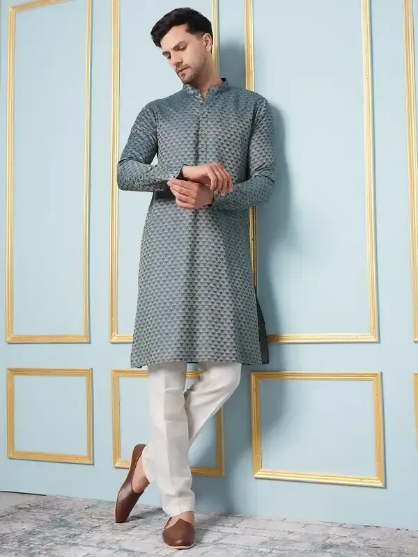 Men_Green_&_Gold_Woven_Design_Thread_Work_Kurta_With_Pajama