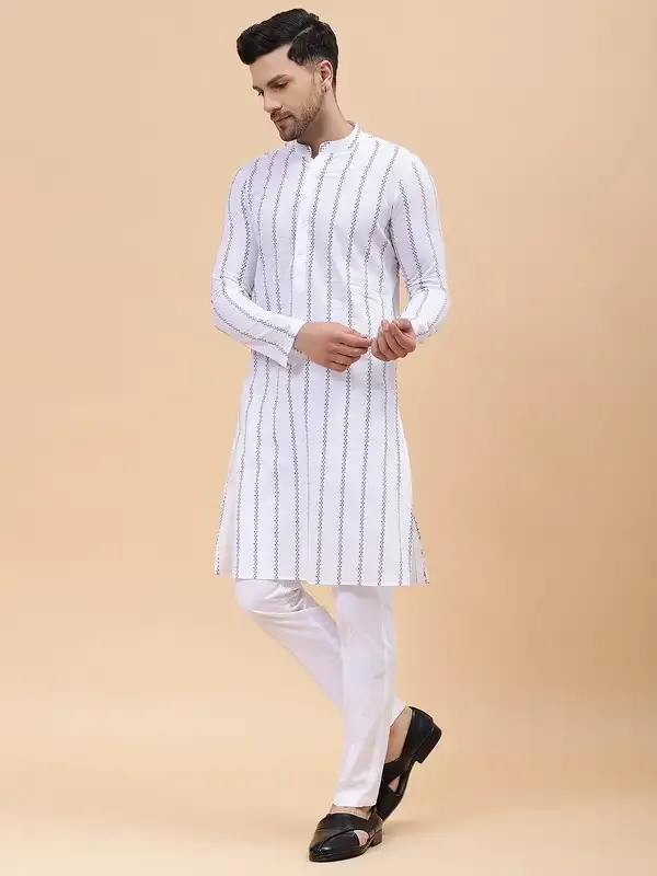 Men_White_&_Blue_Pure_Cotton_Embroidered_Staright_Kurta_With_Pajama